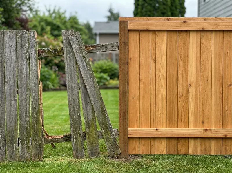 Before and after fence repair in Sandy showing damaged fence restored to like-new condition