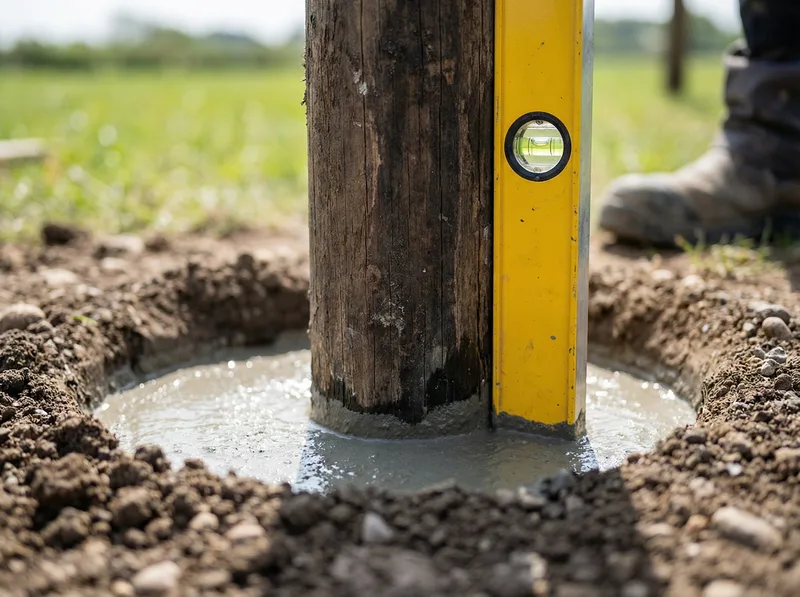 Fence post being set in concrete footing during a Salt Lake Valley fence repair project