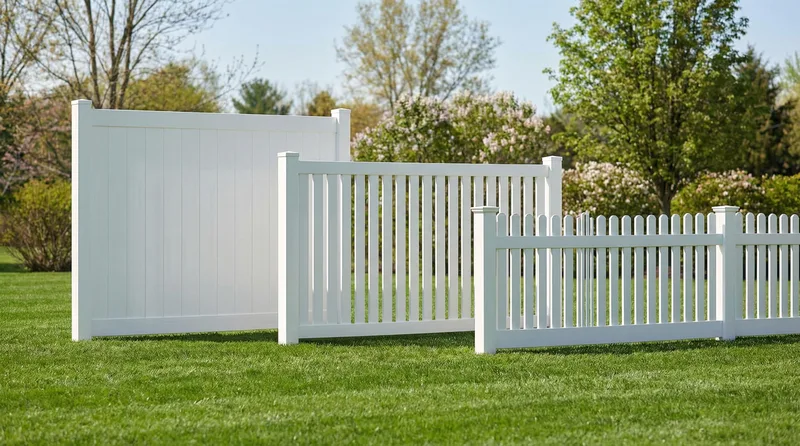 Different vinyl fence styles installed on Sandy properties including privacy, semi-privacy, and picket designs