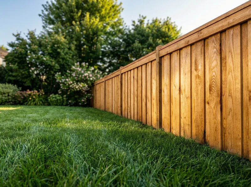 Cedar board-on-board fence detail showing natural wood grain and construction quality in a Sandy backyard